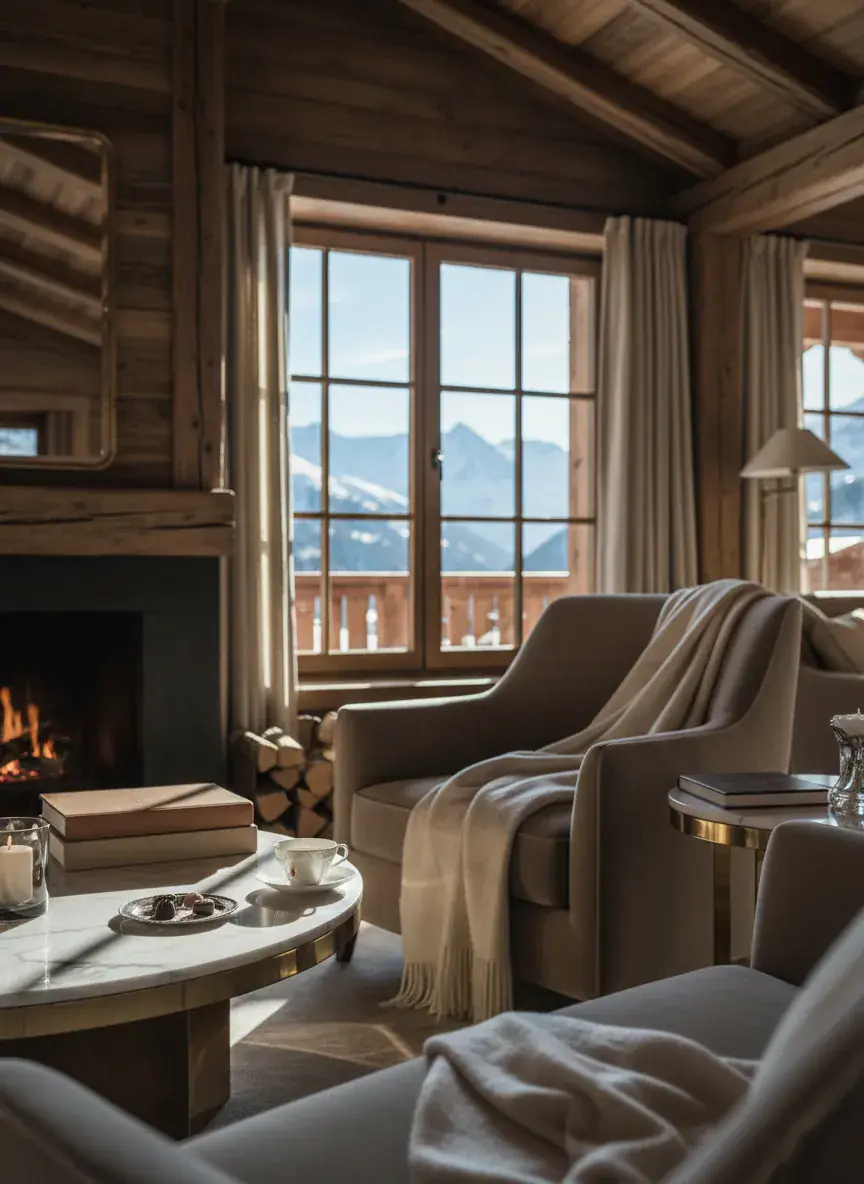 An alpine chalet interior with an open fire and snow-covered peaks beyond the window