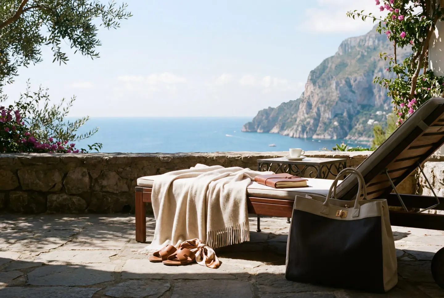 A sunlit stone terrace above the Amalfi coastline set with linen throws and a reading chair