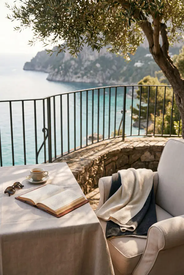 Capri clifftop terrace with an olive tree, open book and sea view