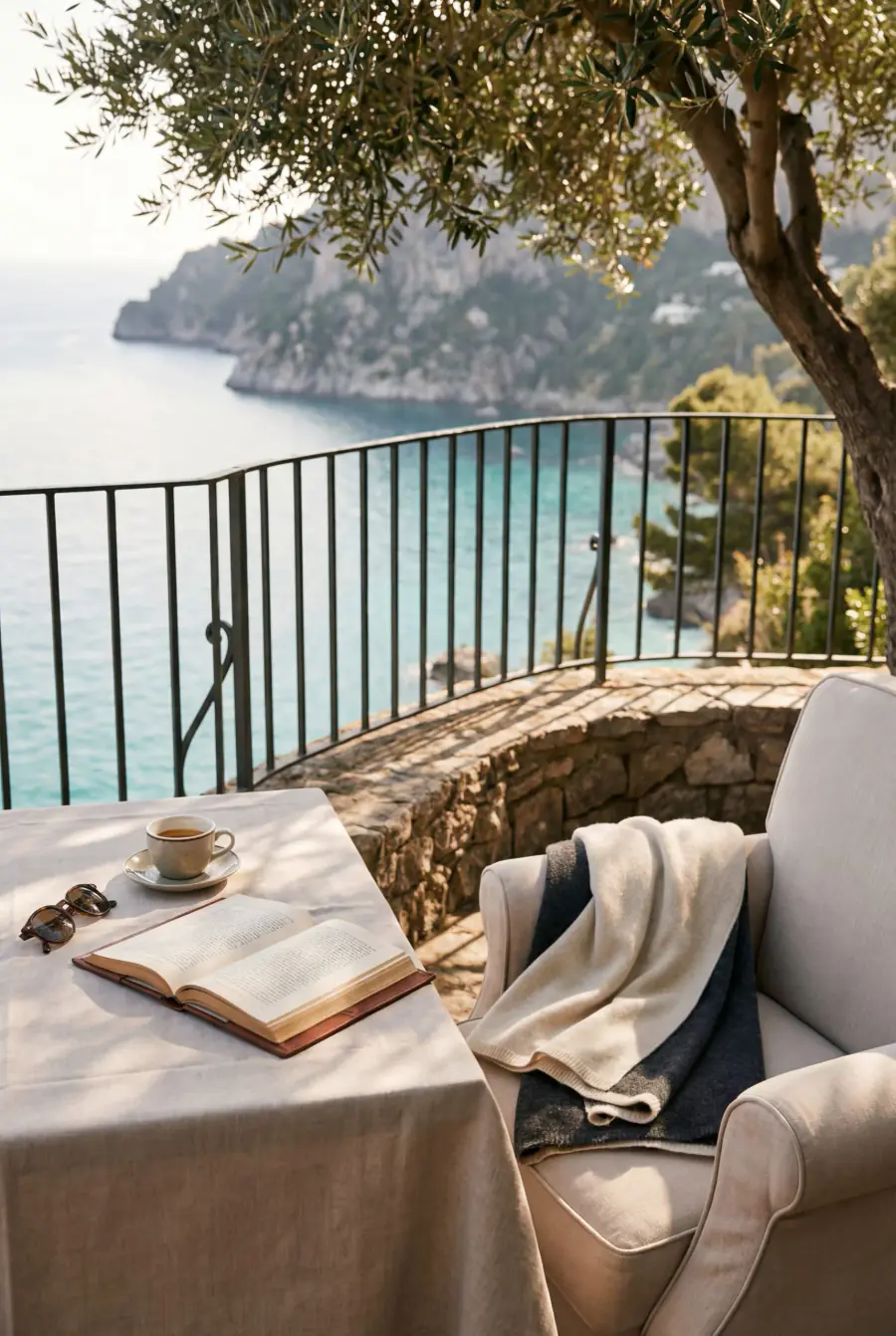 A Capri clifftop terrace set for a quiet morning, olive branches framing the sea