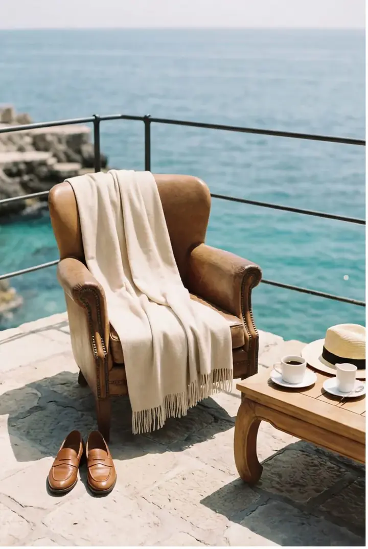 Leather armchair and linen throw on a Mediterranean terrace above the sea