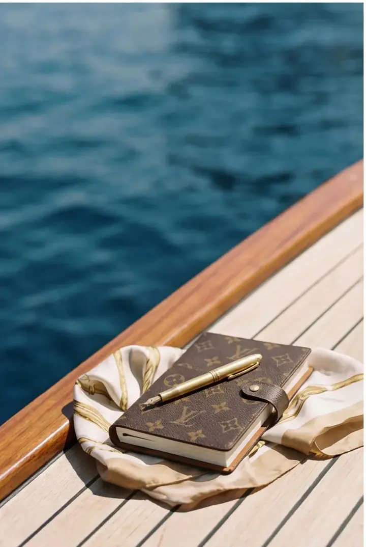 The teak deck of a private charter yacht above deep blue Mediterranean water